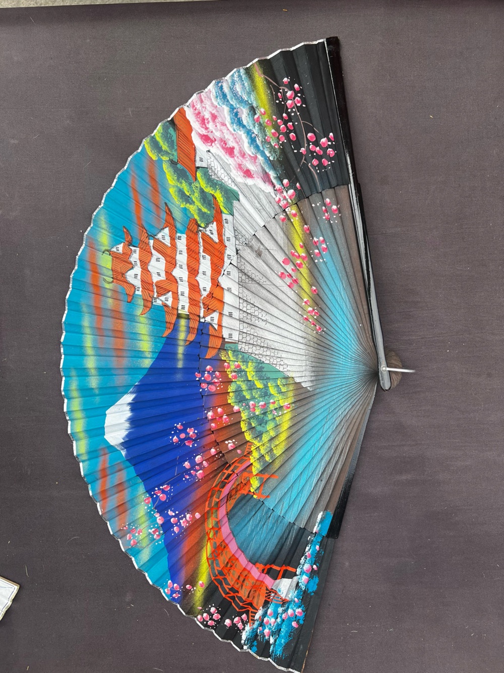 Handpainted Folding Fan with Japanese Scenery in Blue & Teal